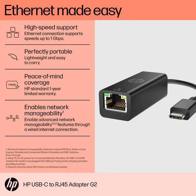 Alt view image 16 of 16 - HP USB-C to RJ45 Adapter G2 (4Z527AA) - USB Type C - 128 MB/s Data Transfer Rate - 1 Port(s) - 1 - Twisted Pair - 1000Base-T - Portable