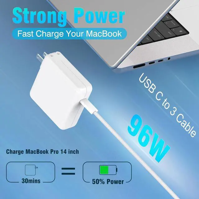 Alt view image 2 of 7 - Charger for MacBook Pro 14 16 inch 2023 2022 2021 M3 M2 M1 2022 2023 2024 MacBook Air 13 15 inch 96W / 70W USB C Power Adapter 6.6FT USB C to 3 Braided Cable LED Powerful Connect Original Quality