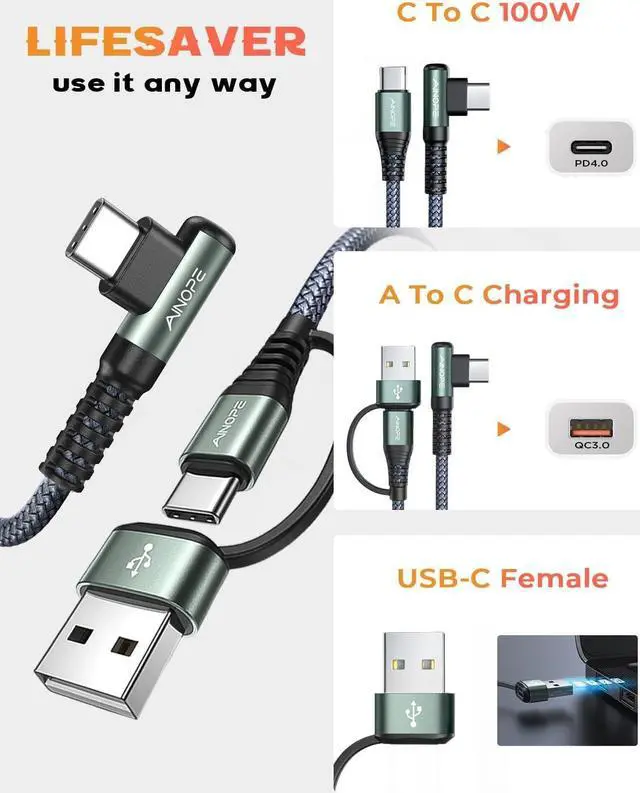 Alt view image 7 of 7 - 240W Long USB C Cable 10 ft USB C Cable Fast Charging Type C Charger Right Angle Fit iPhone 16 15 Pro MacBook Max iPad  25 10FT Grey