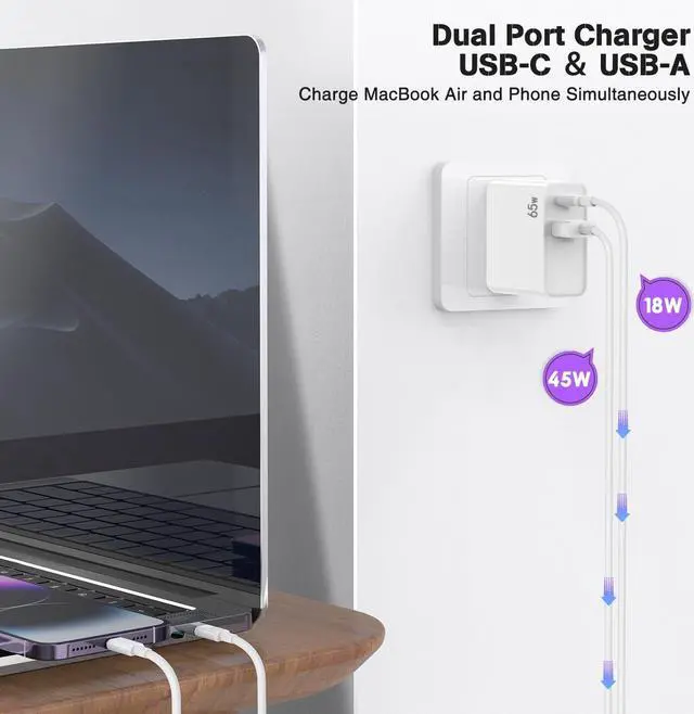 Alt view image 3 of 7 - 2-Port 65W Charger for MacBook Air MacBook Pro 13 14 15 16 inch 2024 2023 2022 2021 2020 M1 M2 M3 Laptop iPhone16 15 Pro Max Fast Charger with Foldable USB C PD & QC Power Adapter & 6FT USB-C Cable