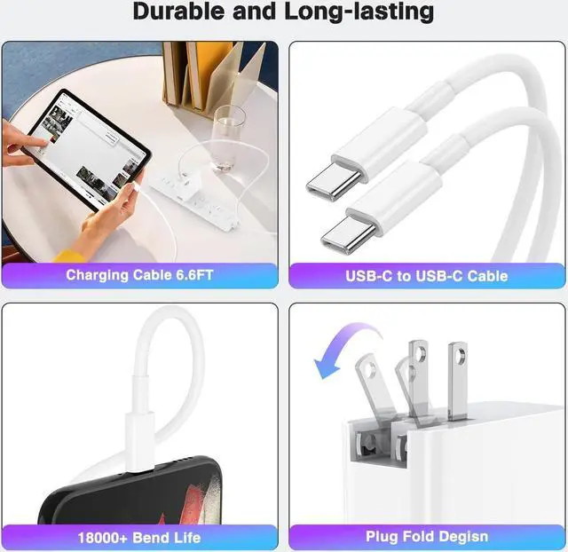 Alt view image 5 of 7 - 2-Port 65W Charger for MacBook Air MacBook Pro 13 14 15 16 inch 2024 2023 2022 2021 2020 M1 M2 M3 Laptop iPhone16 15 Pro Max Fast Charger with Foldable USB C PD & QC Power Adapter & 6FT USB-C Cable