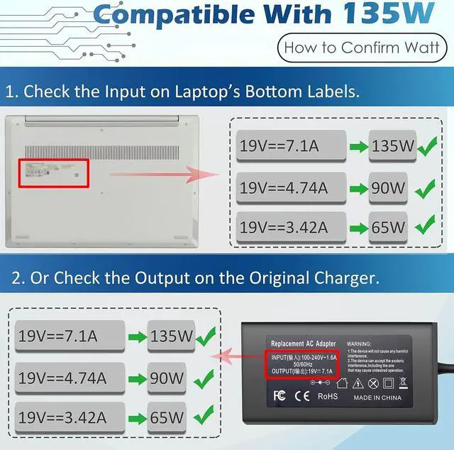 Alt view image 3 of 7 - 135W Laptop Charger Replacement for Acer Nitro 5 Gaming Laptop AN515-57 AN515-56 AN515-55 AN515-54 AN515-53 AN515-52 AN515-51 AN515-50 AN515-44 AN515-43 AN515-42 AN515-41 AC Adapter Power Supply Cord