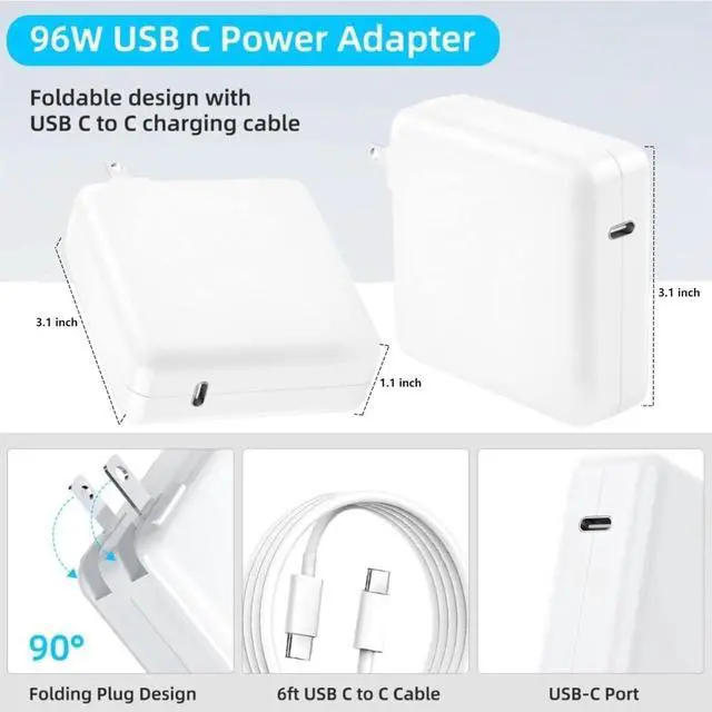 Alt view image 3 of 7 - Mac Book Pro Charger - 96W USB-C Fast Charger for MacBook MacBook Air  Galaxy iPad Pro & More - 6 ft USB-C Cable Included