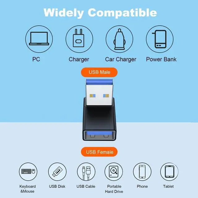 Alt view image 5 of 7 - 90 Degree USB 3.0 Adapter 2 Pack Up and Down Angle USB A Male to Female Converter Extender for PC Laptop USB A Charger Power Bank and More (Black)
