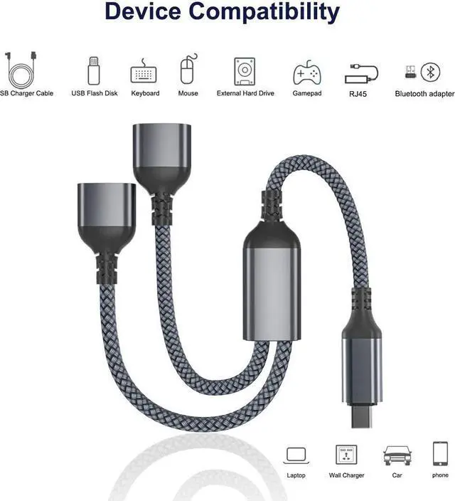 Alt view image 3 of 7 - USB C Male to Dual USB Female Cable Adapter 1FT Thunderbolt 3 to Double Type A 2.0 OTG Splitter Cord Converter Multiple Hub for iPhone 16 15 MacBook Pro iPad Air 5 Mini 6  Surface GO Tab S10