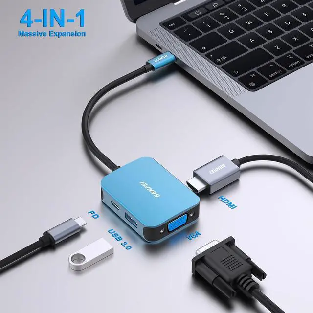 Alt view image 2 of 7 - USB C HUB 4in1 USB Type-C to HDMI VGA Adapter USB C to USB Adapter USB Type-C Power Delivery Compatible with iPhone 15 Pro/Max MacBook Pro/Air 2023 iPad Pro iMac S23 XPS 17