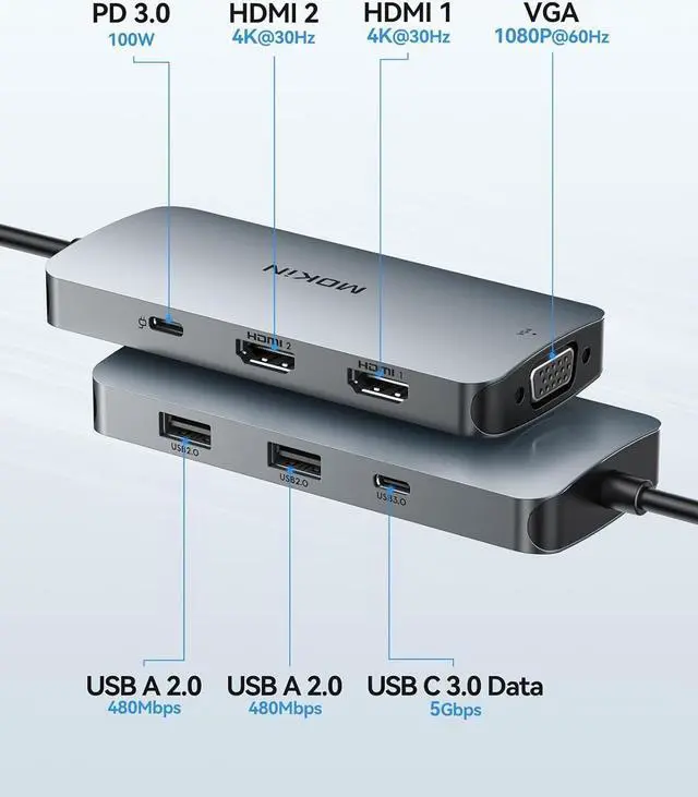 Alt view image 2 of 6 - USB C Docking Station Dual Monitor, 7 in 1 USBC to Dual HDMI Adapter, USB C Hub with 2 HDMI, VGA, 100W PD, 3 USB, Multiport Adapter for Dell HP Lenovo Surface MacBook Laptop