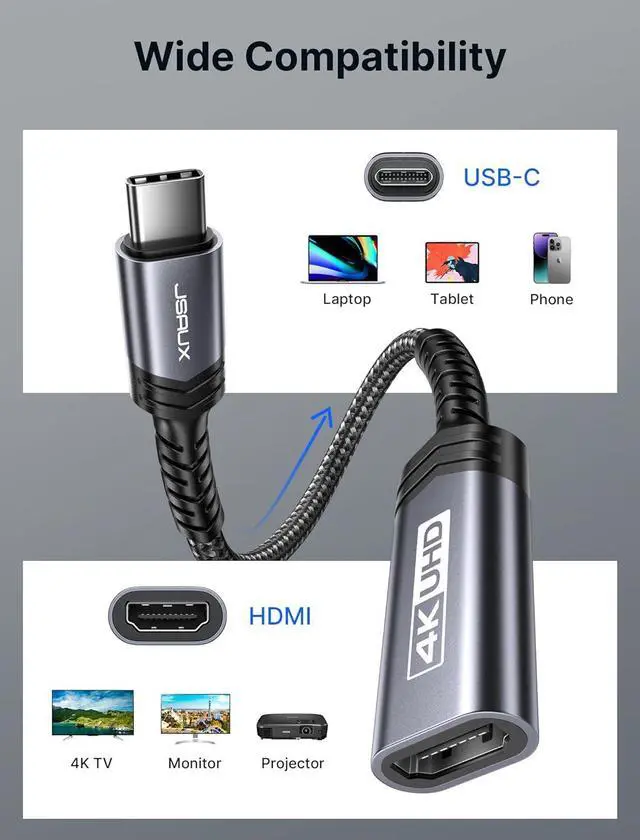 Alt view image 7 of 7 - USB C to HDMI Adapter 4K USB Type-C to HDMI Female Adapter [Thunderbolt 3 Compatible] for iPhone 15 Pro MacBook Pro/Air Surface  Galaxy S21 S20 Ultra S10 S9 S8  XPS 15-Grey