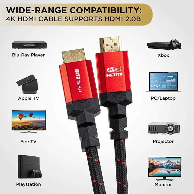Alt view image 4 of 7 - Ritz Gear 4K HDMI 2.0 Cable 8 ft. [20 Pack] 18 Gbps Ultra High Speed Braided Nylon Cord & Gold Connectors - 4K@60Hz/UHD/3D/2160p/1080p/ARC & Ethernet. Compatible with UHD TV/Monitor/PC/PS5/Xbox