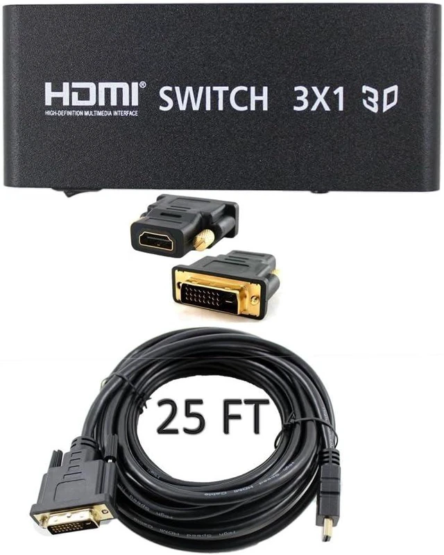 Main image of SANOXY 3 Way 1x3 Powered V1.4 HDMI Switch with 25FT DVI to HDMI Cable and DVI to HDMI Adapter with HDCP Full Ultra HD 1080P / 1080i 3D Resolutions for PS3 Xbox Blu-Ray Cable BoxCable Box
