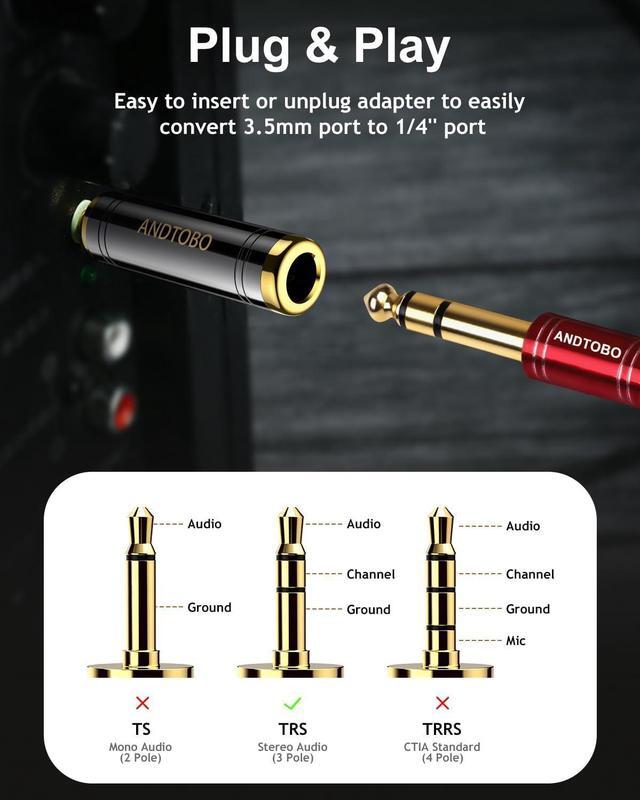 Alt view image 4 of 7 - 1/4 to 3.5 mm Stereo Pure Copper Headphone Adapter 3.5 mm(1/8) Plug Male to 6.35 mm (1/4) Jack Female Stereo Adapter for Headphone Amp Adapter Black 2-Pack
