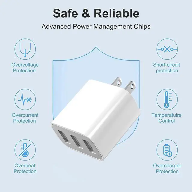 Alt view image 4 of 7 - USB Wall Charger, 3 Pack 3-Port USB Charger Block Wall Adapter USB Charging Cube Brick Compatible with iPhone 8/7/6 Plus/X, iPad, Samsung Galaxy S5 S6 S7 Edge, LG, Android and More