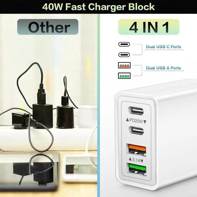 Alt view image 4 of 7 - [2-Pack] USB C Wall Charger, 40W 4-Port PD Fast USB C Charging Block, 2USB C+2USB A Multiport Plug,Type C Power Adapter Brick for iPhone 16 15 14 13 12 11 Pro Max XS XR, iPad, SamsungTablet