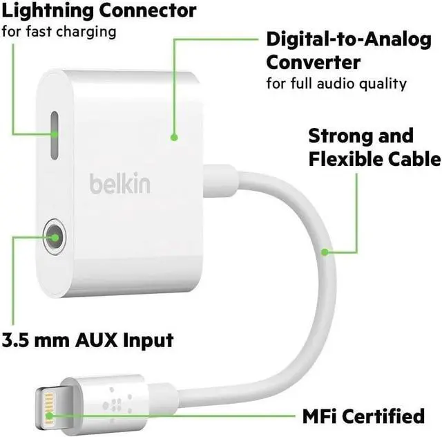 Alt view image 2 of 7 - RockStar Lightning Audio Cable and Charger for iPhone 14 13 12 11 10 - White