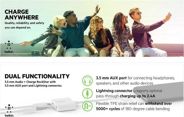 Alt view image 4 of 7 - RockStar Lightning Audio Cable and Charger for iPhone 14 13 12 11 10 - White