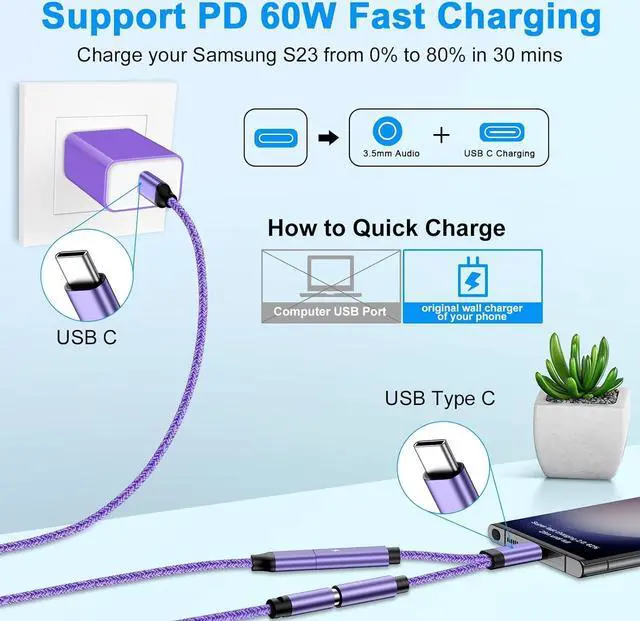 Alt view image 2 of 7 - USB C to 3.5mm Audio Headphone & Android Phone Charger Adapter, 2-in-1 Type C to Aux Earphone Jack Dongle Cable & 60W Fast Charging for Samsung Galaxy A54 A14 A34 S24 S23 Ultra S22 S21 fe S20 A13 A53