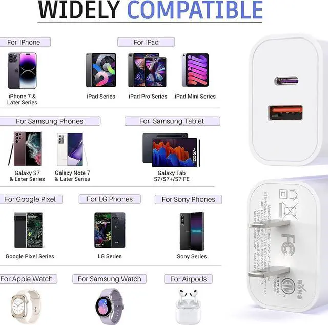 Alt view image 2 of 7 - USB C Charger Block 20W Dual Port PD+QC Power Wall Charger Adapter Fast Charging Plug for iPhone 15/14/13/12/11/Pro Max/XS/XR/X  Galaxy LG and More-3Pack