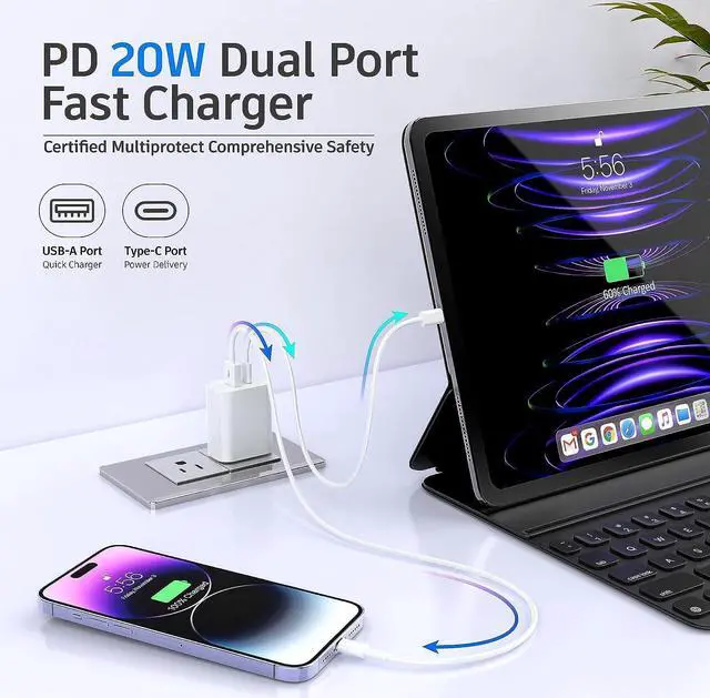 Alt view image 4 of 7 - USB C Charger Block 20W Dual Port PD+QC Power Wall Charger Adapter Fast Charging Plug for iPhone 15/14/13/12/11/Pro Max/XS/XR/X  Galaxy LG and More-3Pack