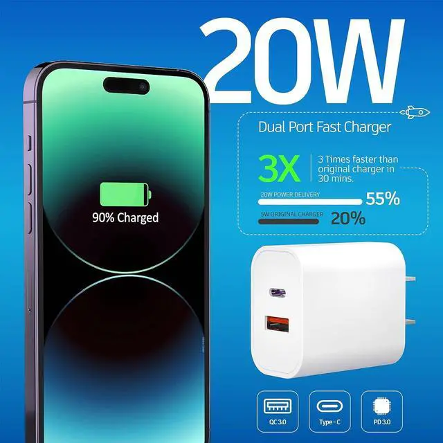 Alt view image 5 of 7 - USB C Charger Block 20W Dual Port PD+QC Power Wall Charger Adapter Fast Charging Plug for iPhone 15/14/13/12/11/Pro Max/XS/XR/X  Galaxy LG and More-3Pack