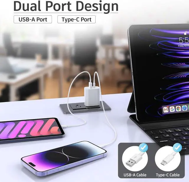 Alt view image 6 of 7 - USB C Charger Block 20W Dual Port PD+QC Power Wall Charger Adapter Fast Charging Plug for iPhone 15/14/13/12/11/Pro Max/XS/XR/X  Galaxy LG and More-3Pack