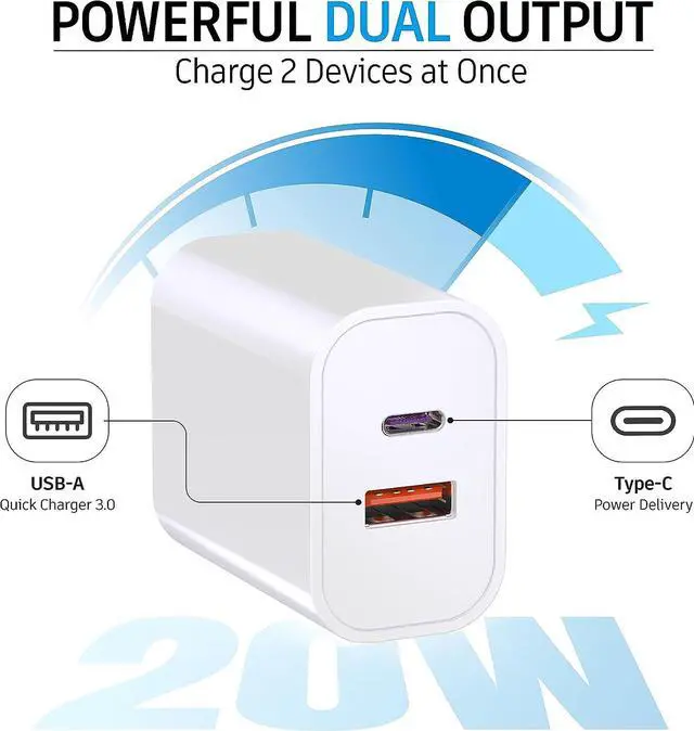 Alt view image 7 of 7 - USB C Charger Block 20W Dual Port PD+QC Power Wall Charger Adapter Fast Charging Plug for iPhone 15/14/13/12/11/Pro Max/XS/XR/X  Galaxy LG and More-3Pack