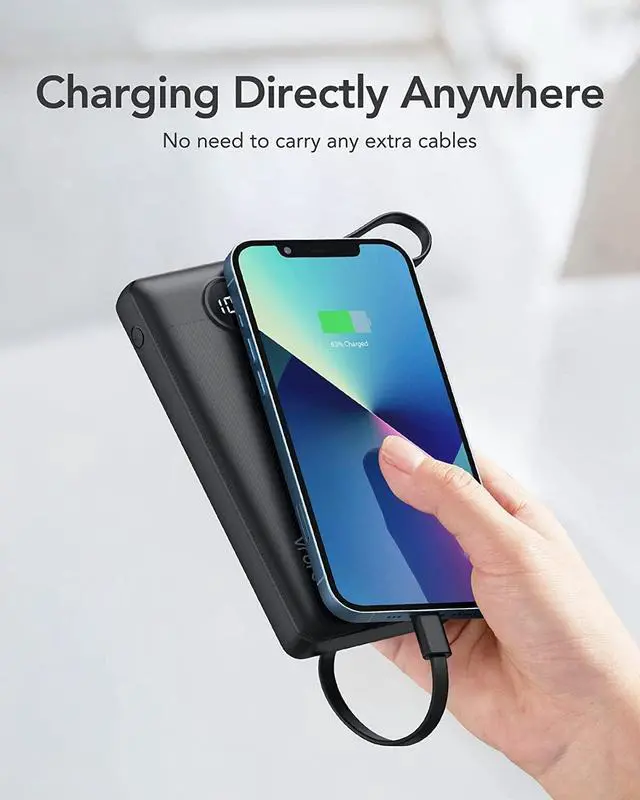 Alt view image 6 of 7 - VRURC Portable Charger with Built in Cables, 10000mAh Slim USB C Power Bank,5 Output 2 Input LED Display External Battery Pack Phone Charger Compatible with iPhone,Samsung,Android-Black(1 Pack)
