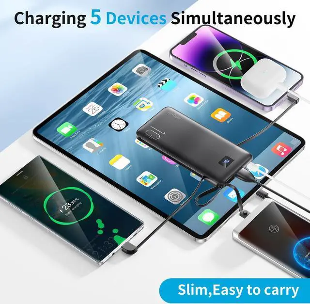 Alt view image 5 of 6 - Portable Charger with Built-in Cables&AC Wall Plug 10000mAh Power Bank PD 22.5W USB-C Fast Charging External Battery Pack with LED Display Compatible with iPhones and All Smart Device1 Pack