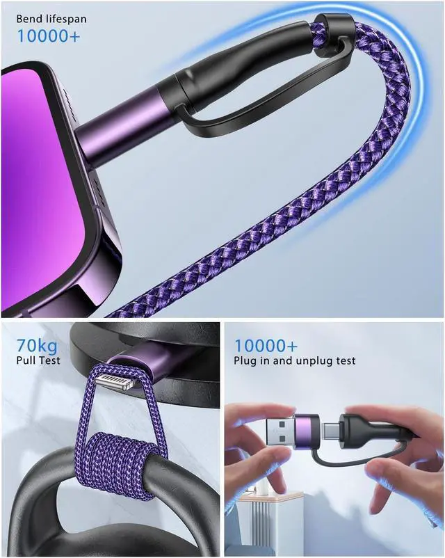 Alt view image 5 of 7 - 4 in 1 Fast Charging Cable 60W 6FT  MFi Certified USB C to Lightning Cable Nylon Braided USB A/C to C/Lightning Multi iPhone Charger Cord for iPhone 16 15 14 13 Pro/iPad//MacBook