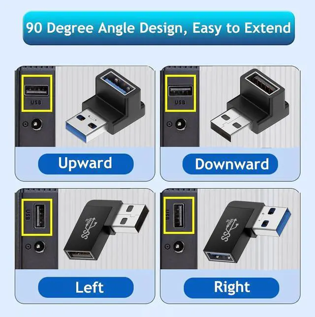 Alt view image 2 of 7 - 90 Degree USB 3.0 Male to Female Adapter (4 Pack) Up and Down & Left and Right Angle USB A Extender Connector for PC Laptop Hard Drive Keyboard USB A Charger Power Bank