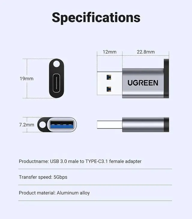 Alt view image 7 of 7 - 10Gbps USB C Female to USB Male Adapter Type C to USB A Charger Cable Converter Compatible with  Watch iPhone 15 14 13 AirPods 3 MacBook  Galaxy Google Pixel etc Gray