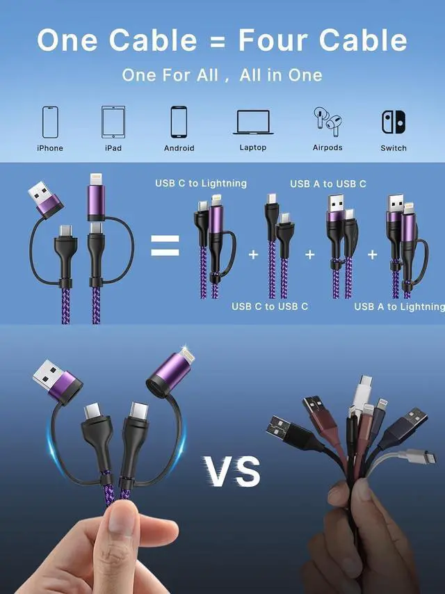 Alt view image 2 of 7 - 4 in 1 Fast Charging Cable 60W 6FT  MFi Certified USB C to Lightning Cable Nylon Braided USB A/C to C/Lightning Multi iPhone Charger Cord for iPhone 16 15 14 13 Pro/iPad//MacBook