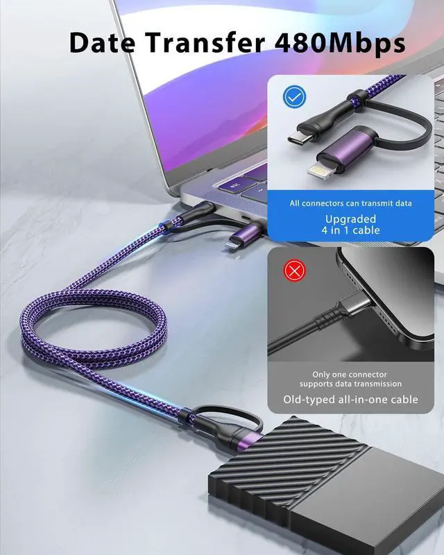 Alt view image 7 of 7 - 4 in 1 Fast Charging Cable 60W 6FT  MFi Certified USB C to Lightning Cable Nylon Braided USB A/C to C/Lightning Multi iPhone Charger Cord for iPhone 16 15 14 13 Pro/iPad//MacBook