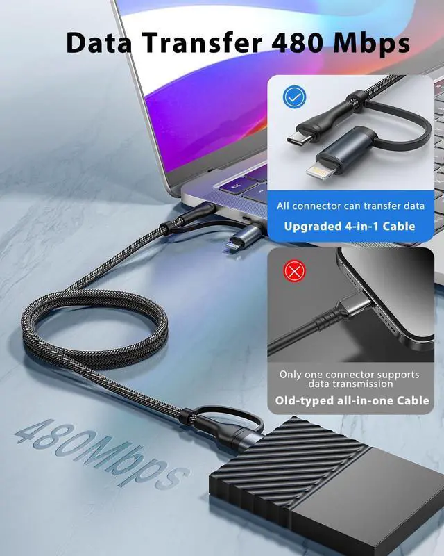 Alt view image 3 of 7 - 4 in 1 Charging Cable USB C Lightning Adapter USB C to USB C 60W PD [Fast Charging & Data Sync] 4 in 1 Multi Charger for iPhone 16 15 14 13 12 MacBook Pro 2023 iPad Mini 6/Pro  Galaxy S22 S21