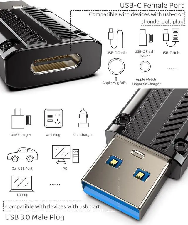 Alt view image 2 of 6 - USB to USB-C Adapter Pack-2 USB Type C Female to A Male Converter for Travel Compatible with Apple MagSafe Apple Watch Series 9 8 7 Ultra SE iPhone 15 14 13 12 iPad Airpods CarPlay