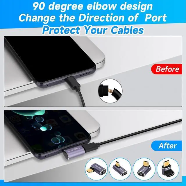 Alt view image 6 of 6 - 90 Degree Right Angle USB C Adapter (4 Pack) USB Type-C Male to Female Extender Connector 40Gbps 8K@60Hz Compatible with MacBook Pro/Air iPhone 15/15 Pro Max iPad Pro Tablet Phone More