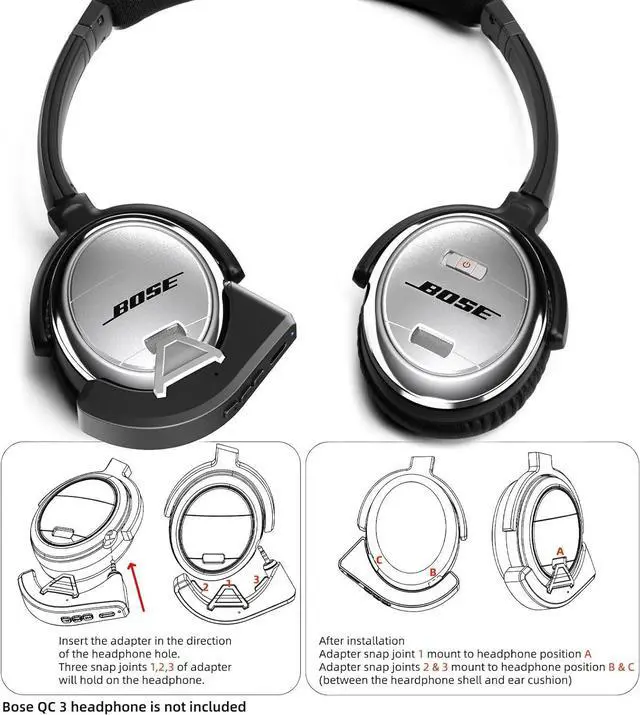 Alt view image 2 of 7 - aptX Wireless Bluetooth 5.0 Adapter for Bose QC3 QuietComfort 3 with Mic/Volume Control, Black