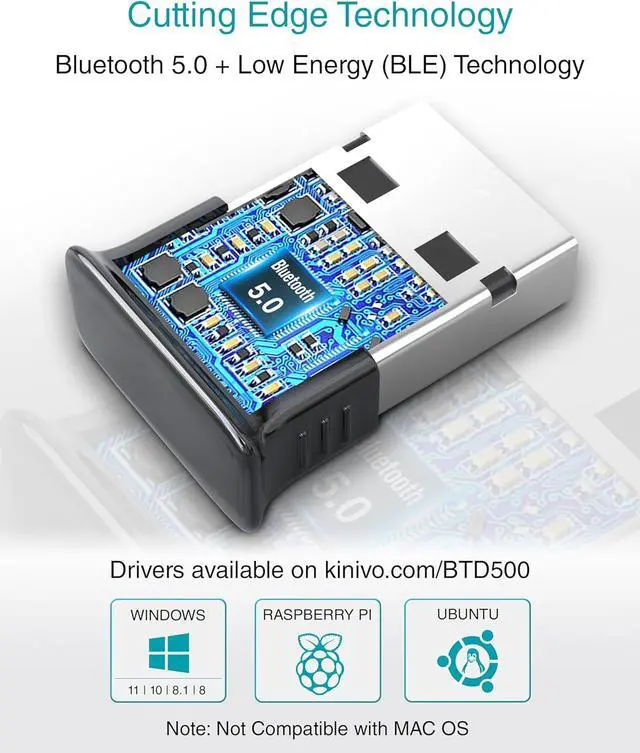 Alt view image 6 of 7 - Kinivo USB Bluetooth Adapter for PC BTD500 (BT 5.0, Wireless Dongle Receiver for Windows 11/10/8.1/8, Raspberry Pi, Ubuntu) - Compatible with Laptops, Headsets, Speaker, Mouse, Keyboard, Printers