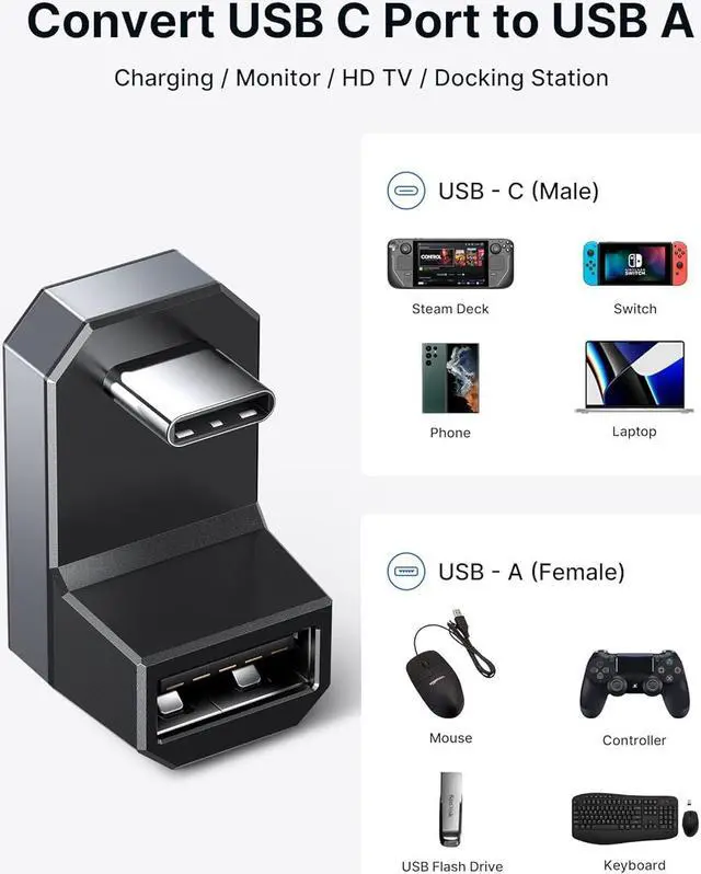 Alt view image 4 of 7 - 180° USB-C to USB Adapter 2 Pack 180 Degree Angle Type C Male to USB-A Female OTG Adapter Compatible with ROG Ally Steam Deck Switch Laptop Tablet Mobile Phone and More - Grey