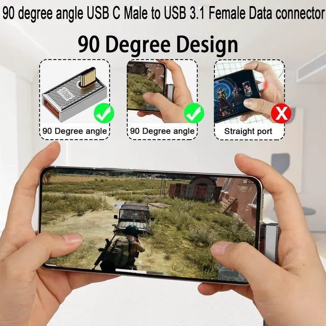 Alt view image 2 of 7 - 120W USB C to USB3.1 OTG 90° Angle Adapter 10Gbps USB C Male to USB3.1 Female Right Angle Data Connector Mech Style/Zn Alloy/LED for Phone Steam Deck Tablet Silver/Vertical Bend 2Pcs