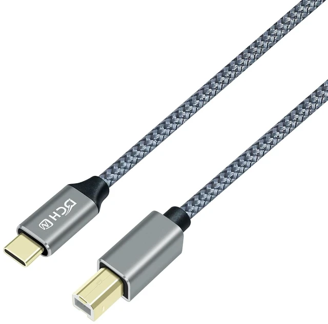 Main image of DCHAV USB B to USB C Printer Cable to Computer Laptop 2.0 Type B Cord Replacement for DJ Controller MIDI Keyboard Piano Scanner Nylon Braided Wire, Gold-Plated Connectors, 3 Foot, Grey