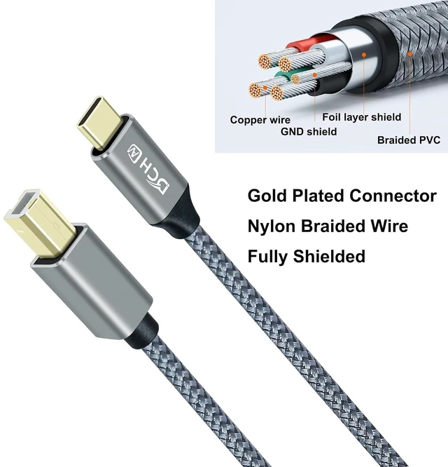 Alt view image 6 of 7 - DCHAV USB B to USB C Printer Cable 2.0 Type B to Type C Cord Replacement for Computer Laptop DJ Controller MIDI Keyboard Piano Scanner Nylon Braided Wire, Gold-Plated Connectors, 10 Foot, Grey