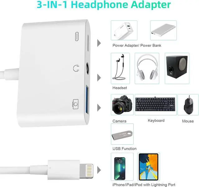 Alt view image 3 of 7 - 3-in-1 Lightning to 3.5mm Jack Headphone+Charge+Camera Adapter  MFi Certified USB to iPhone OTG Audio Aux Adapter Connect Flash Drive/Card Reader/Mouse/Keyboard/Earphone for iPhone 14 13 12 11