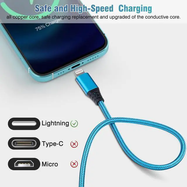 Alt view image 2 of 7 - iPhone Charger 10FT 5Pack  MFi Certified Lightning Cable Fast Charging Nylon Braided USB-A to Lightning Compatible with iPhone 14/13 mini/14/13/12/11 Pro MAX/XR/XS/8/7/Plus/6S/SE/iPad
