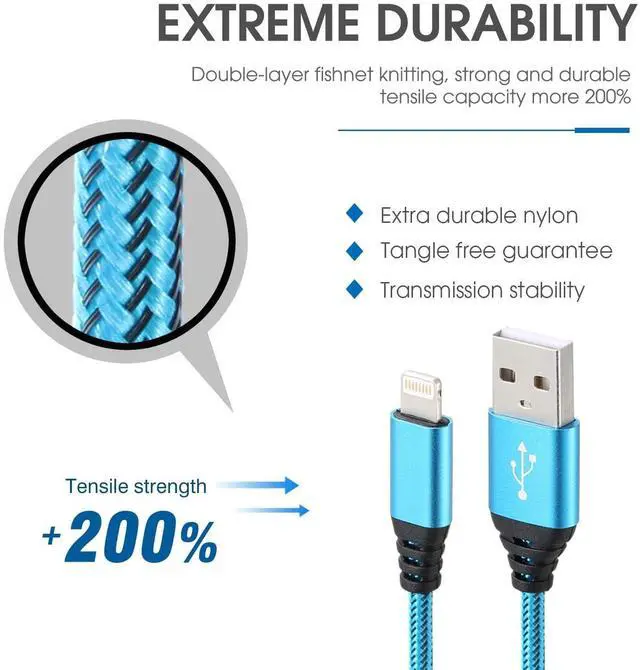 Alt view image 4 of 7 - iPhone Charger 10FT 5Pack  MFi Certified Lightning Cable Fast Charging Nylon Braided USB-A to Lightning Compatible with iPhone 14/13 mini/14/13/12/11 Pro MAX/XR/XS/8/7/Plus/6S/SE/iPad