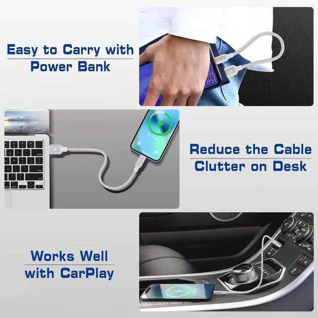 Alt view image 6 of 7 - [ MFi Certified] Short iPhone Charger 1ft 2Pack USB A to Lightning Cord Nylon Braided 12 Inch Fast Charging iPhone Cable Compatible with iPhone 14 13 12 11 Pro/Max/Mini Xs SE2/iPad for Car
