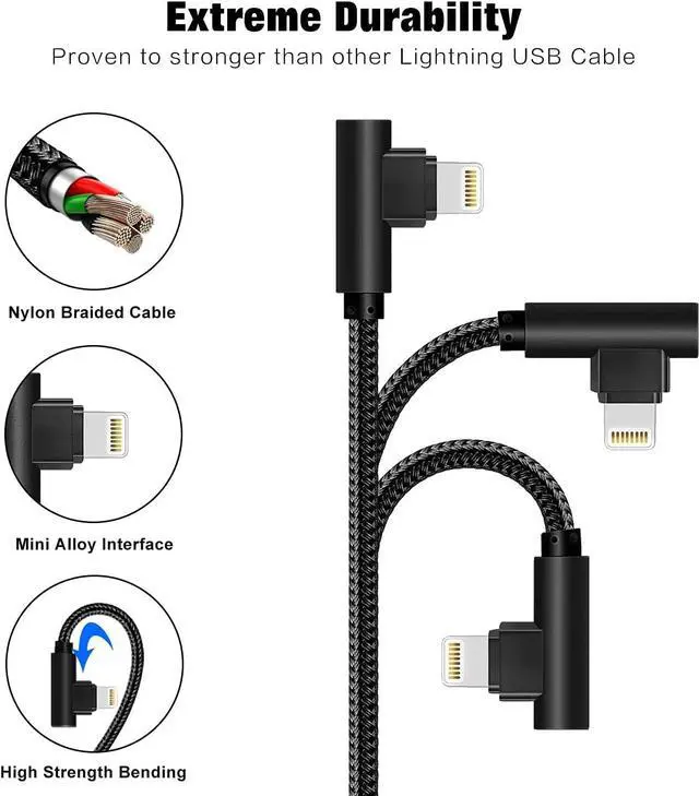 Alt view image 2 of 7 - iPhone Cable 5 Pack(3/3/6/6/10FT) MFI Certified Cable Lightning Fast Charger Nylon Braided Data Cord 90 Degree Elbow for Game Video Compatible with iPhone 12 11 Pro Max XR XS Max iPod (Black)