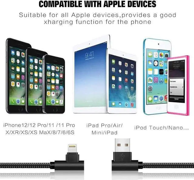 Alt view image 7 of 7 - iPhone Cable 5 Pack(3/3/6/6/10FT) MFI Certified Cable Lightning Fast Charger Nylon Braided Data Cord 90 Degree Elbow for Game Video Compatible with iPhone 12 11 Pro Max XR XS Max iPod (Black)