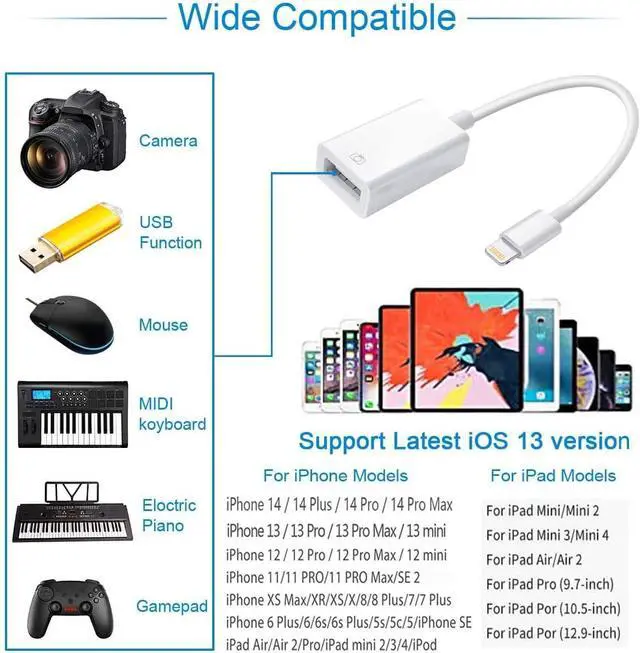 Alt view image 7 of 7 - Lightning to USB Camera Adapter  MFi Certified USB OTG Cable Converter for iPhone 14 13 12 11 Pro Max XS XR X 8 iPad Support Camera Card Reader USB Flash Drive MIDI Keyboard