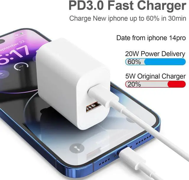 Alt view image 2 of 7 - 20W Dual Port Fast Charger Block 2-Pack with 6FT & 10FT MFi-Certified Cables, PD/QC3.0 Quick Charge Adapter for iPhone 14/13/12/11 Pro Max/XS/XR/X, iPad, AirPods Pro - Overheat & Surge Protection