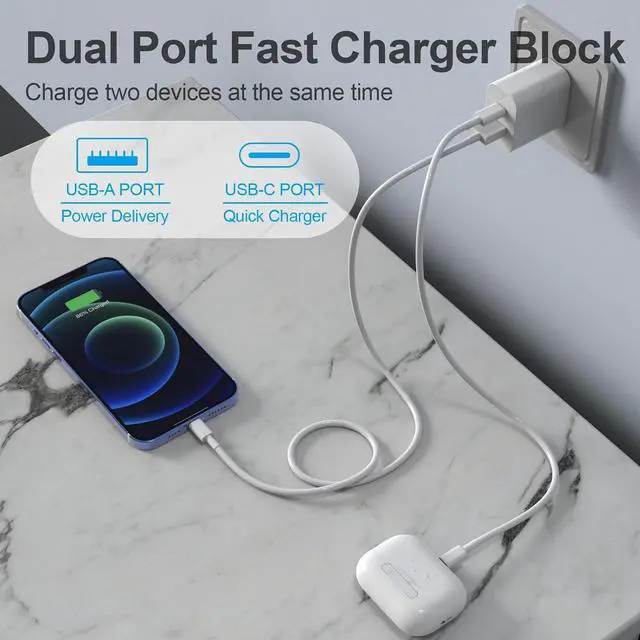 Alt view image 3 of 7 - 20W Dual Port Fast Charger Block 2-Pack with 6FT & 10FT MFi-Certified Cables, PD/QC3.0 Quick Charge Adapter for iPhone 14/13/12/11 Pro Max/XS/XR/X, iPad, AirPods Pro - Overheat & Surge Protection